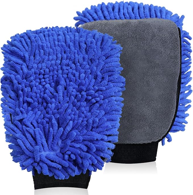2Pack Premium Car Wash Mitt, Scratch-Free 2-in-1 Dual-Side Chenille Microfiber Gloves for Auto Detailing, Safe on Paint, Glass, Chrome – for Cars, Trucks, SUVs, RV & Motorcycle (Blue)