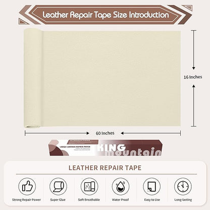 KING MOUNTAIN Leather Repair Patch,16 x 60 Inches self Adhesive Leather Repair Tape for Damaged Leather Furniture, Sofa Seating,Car Seats, Leather Goods(Beige White)