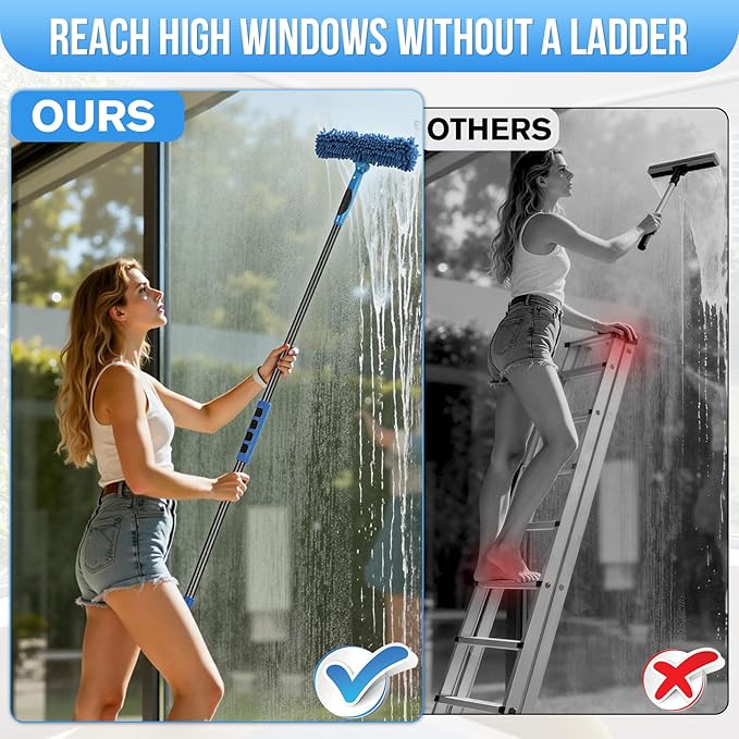 JTIEO 69'' Squeegee for Window Cleaning, 2-in-1 Window Squeegee Cleaner Tool with Extension Pole & Rotating Head, Blue Window Cleaning Kit for Shower Cleaner, Indoor & Outdoor Glass, High Window, Car