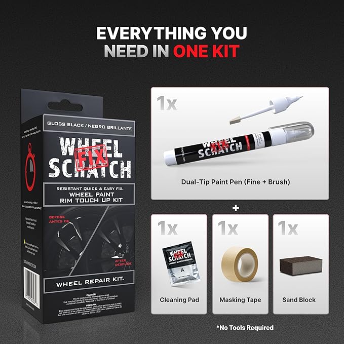 Wheel Scratch Fix® Gloss Black Touch Up Paint for Cars - DIY Alloy Wheel Repair Kit, Curb Rash Remover with Fast-Drying Pen - Long-Lasting OEM Finish Car Rim Paint for Scuffs and Chips at Home (Gloss Black)