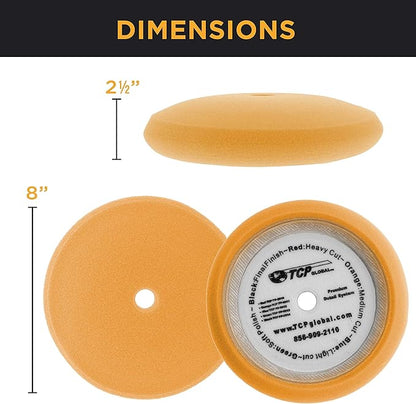 TCP Global 8" Orange Foam Buffing Pad Extra Coarse Cutting Polish Hook and Loop Backing - Buffing Pad for Automotive, Marine, Truck, RV & Compound Cutting