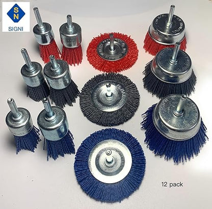 Signi 12 Pack Nylon Bristle Filament Abrasive Brush Drill Wheel and Cup Brush Set with 1/4 Inch Shank, Surface prep Remove Rust/Corrosion/Paint (3" Wheel, Straight Shank)