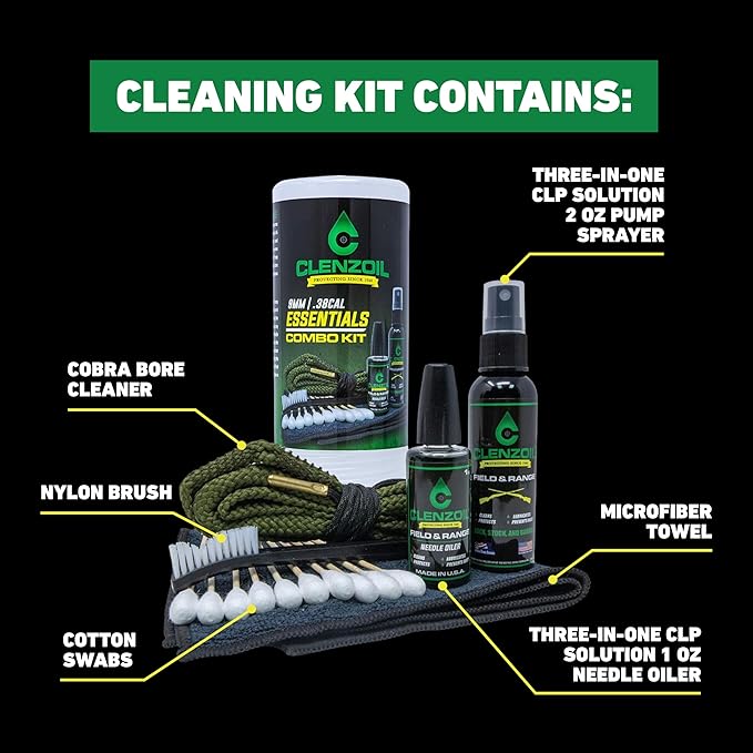 CLENZOIL Field & Range Pistol & Rifle Essentials Gun Cleaning Kit | CLP Spray & Oiler with Bore Cleaner | Clean, Lubricate & Protect | Nylon Brush, Bore Swabs & Microfiber