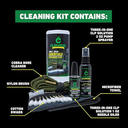 CLENZOIL Field & Range Pistol & Rifle Essentials Gun Cleaning Kit | CLP Spray & Oiler with Bore Cleaner | Clean, Lubricate & Protect | Nylon Brush, Bore Swabs & Microfiber