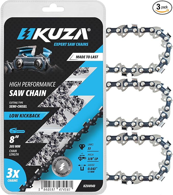 Premium 8 Inch Chainsaw Chain 3/8" LP Pitch .043" Gauge 33 Drive Links Fits Ryobi P4361, P5452, Greenworks 20142, Milwaukee M18 FUEL 3004, Poulan 810 EPT, Worx WG349 and More (3 Chains)
