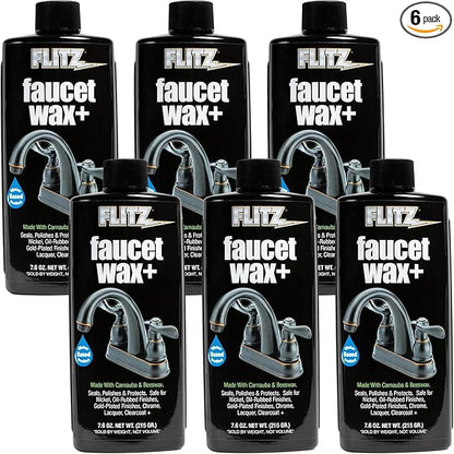 Flitz Faucet Wax Plus - 7.6oz Bottle of USA-Made, Water-Based Faucet Cleaner & Polisher for Water Stains, Fingerprints, & More - Metal Wax for Bronze, Nickel, Chrome, Brass - Granite Polish (6 Pack)