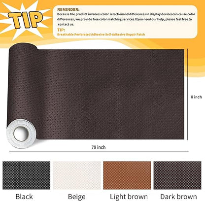 JuCheng Breathable Perforated Self-Adhesive Leather Repair Patch for Furniture, Couches, Car Seats, Office Chairs Faux Leather & Vinyl Repair Kit (Dark Brown, 8x79inch)