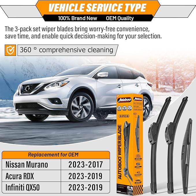 AUTOBOO 26"+18" Windshield Wipers with 12" Rear Wiper Blade Replacement for Nissan Murano Infiniti QX50 Acura RDX 2017 2018 2019 2020 2021 2022 2023-Original Factory Quality (Pack of 3)
