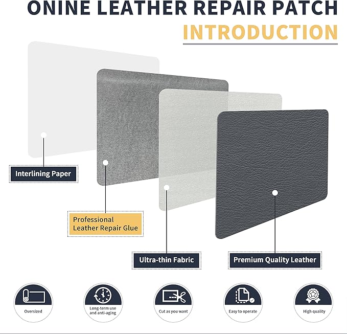 ONine Leather Repair Patch，Leather Repair Tape, 12 x 48 inches Leather Repair Patch for Furniture,Vinyl Repair Kit，Leather Couch Patch，for Sofas, Furniture, Car Seats, Office Chairs(Gray)