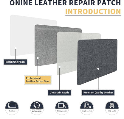 ONine Leather Repair Patch，Leather Repair Tape, 12 x 48 inches Leather Repair Patch for Furniture,Vinyl Repair Kit，Leather Couch Patch，for Sofas, Furniture, Car Seats, Office Chairs(Gray)