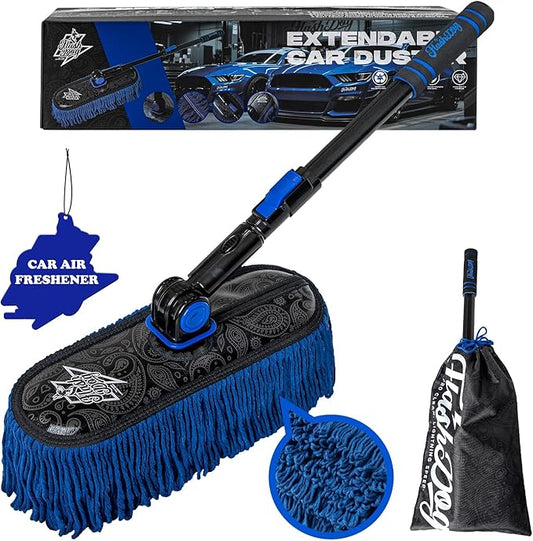 Flash Dog Car Duster Exterior - Wax Treated Cotton & Extendable Aluminum Alloy Handle Scratch Free Cleaning Brush for Cars, Trucks, SUVs, RVs, Motorcycles | Waterless Dust & Pollen Remover
