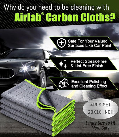 Airlab Carbon Microfiber Towels for Car Drying Window Glass Cleaner Magic Cleaning Cloth Auto Detailing Car Wipes Lint Free Rags Large Towel Interior Detailer, Pack of 4, 20" x 16", Grey-Green