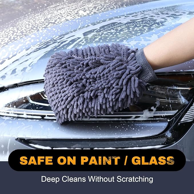 Premium Car Wash Mitts (2-Pack), Scratch-Free 2-in-1 Dual-Side Chenille Microfiber Gloves for Auto Detailing, Safe on Paint, Glass, Chrome – for Cars, Trucks, SUVs, RV & Motorcycle (Grey)