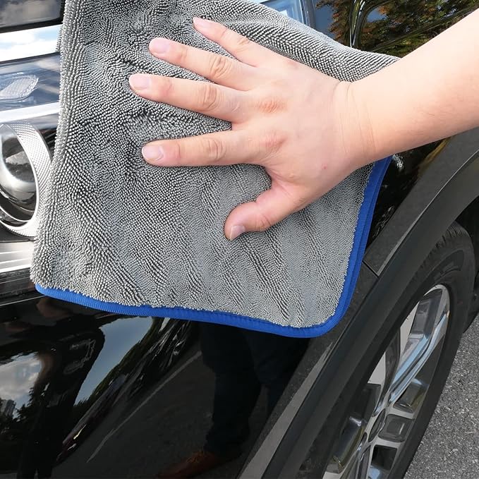 SHSCLY Car Drying Towels, Microfiber 2-Pack (29"x33"), Ultra Absorbent & Scratch-Free, Thick Twist Pile for Auto Detailing & Water Removal, Grey with Blue Trim