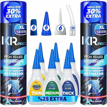 CA Glue with Activator Kit (6x1.75 oz. Thin-Medium-Thick + 2x16.9 fl.oz.) Cyanoacrylate Glue and Activator, Super Glue Accelerator, Super Glue for Wood, Woodworking, Plastic, Guitar, 3D Printing