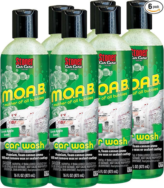 Stoner Car Care 91604-6PK 16-Ounce Mother of All Bubbles M.O.A.B. High Foaming Car Wash for Foam Cannons, Foam Guns, Bucket Washes Safe on Car Wax and Sealant Coatings, Green Apple Scent, Pack of 6