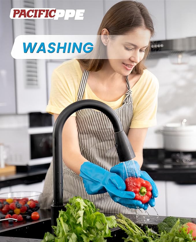 PACIFIC PPE 2 Pairs Reusable Dishwashing Cleaning Gloves, Household, Kitchen, Cotton Liner, Blue, Small