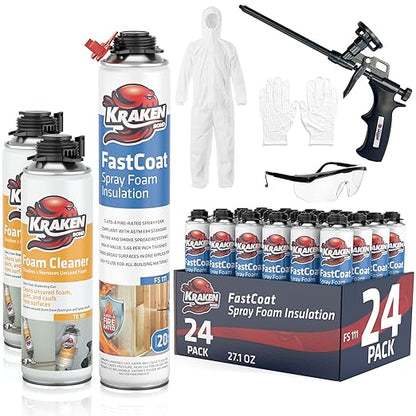 Kraken Bond Fastcoat Fire Rated Spray Foam Insulation (24x27.1 oz.) (R-Value 11.32 / 2in) Closed Cell Expanding Foam - Heat and Acoustic Insulation, Gun & Cleaner Included, 480 Board Ft, 24 Pack