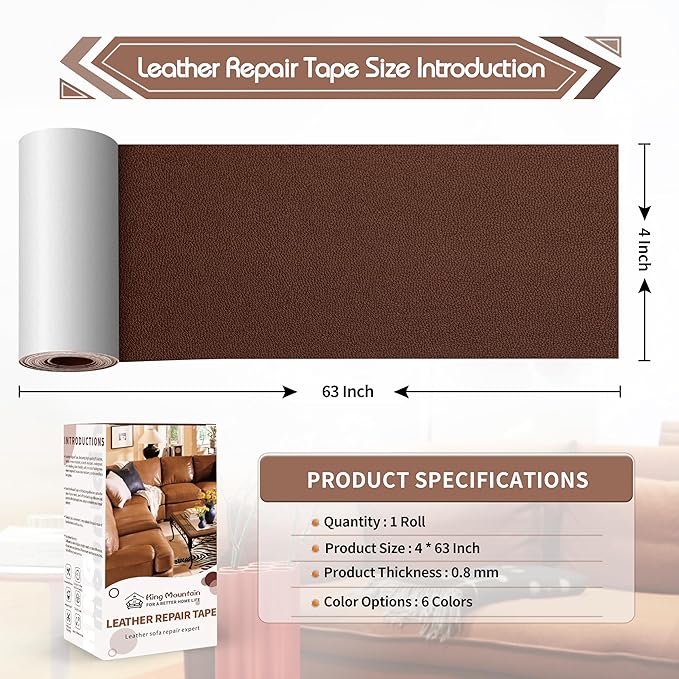 KING MOUNTAIN Leather Repair Patch,4 x 63 Inches self Adhesive Leather Repair Tape for Damaged Leather Furniture, Sofa Seating,Car Seats, Leather Goods（New Brown）