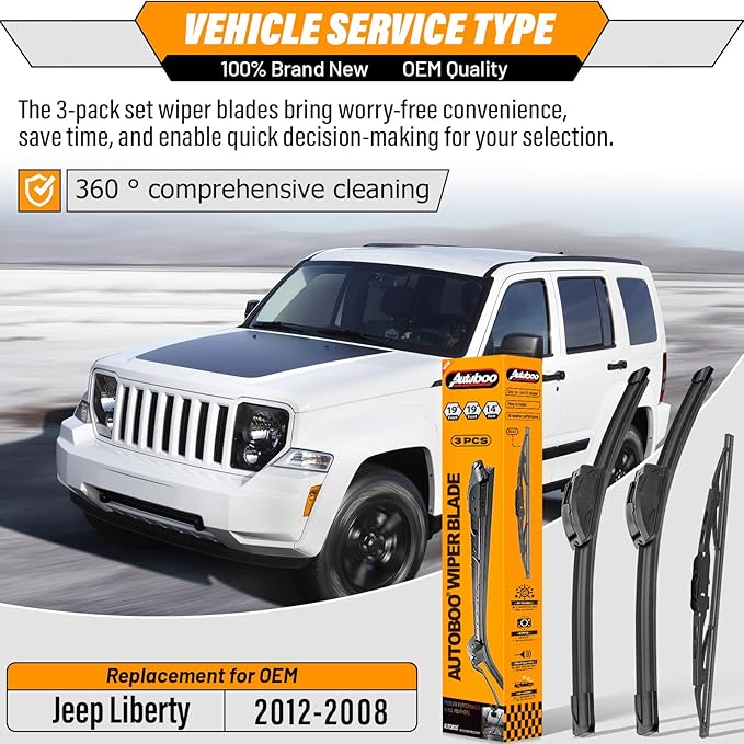 AUTOBOO 19"+19" Windshield Wipers with 14" Rear Wiper Blade Replacement for Jeep Liberty 2008 2009 2010 2011 2012-Original Factory Quality (Pack of 3)