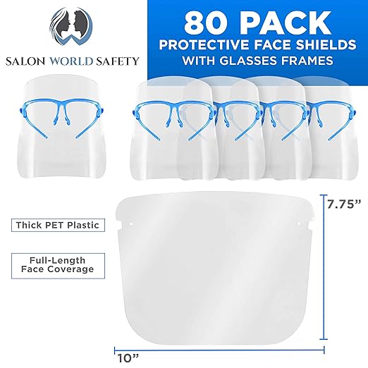 TCP Global Salon World Safety Face Shields with Blue Glasses Frames (Case of 80) - Ultra Clear Protective Full Face Shields to Protect Eyes, Nose, Mouth - Anti-Fog PET Plastic, Goggles