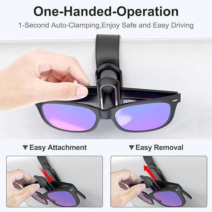 Veharvim Sunglass Holder for Car (One-Handed-Operation, Gentle & Secure Hold, Silicone Padded, Universal Fit, Metal Clip) Visor Sunglass Holder Clip,Visor Sunglass Holder Car (Black & Silver, 4 Pack)