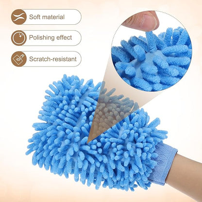 HARFINGTON Chenille Microfiber Car Wash Mitts 9.8" x 7.9" Scratch Free Wash Gloves Absorbent Double Sided Plush Cleaning Drying Mitts for Car Washing Home Light Blue