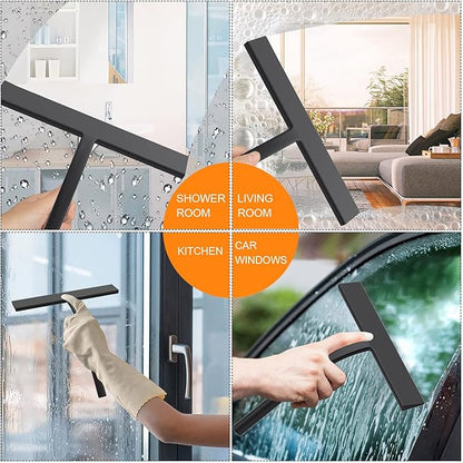 Anlynwooh All -Purpose Silicone Shower Squeegee for Shower Glass Door with Hook, Bathroom Accessories for Window Mirror Tile Car Shower Walls,Household Shower Cleaner Tool (Black, 9 inch(2hooks)