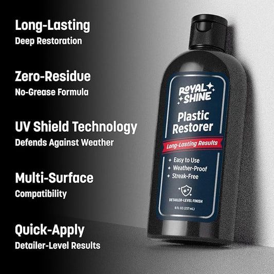 ROYAL SHINE Plastic Restorer for Long-Lasting, Deep Black Results – Restores Faded Plastic, Rubber & Vinyl with UV Protection, Non-Greasy Formula + Foam Applicator, 8oz