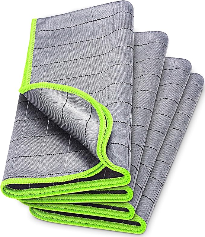 Airlab Carbon Microfiber Towels for Car Drying Window Glass Cleaner Magic Cleaning Cloth Auto Detailing Car Wipes Lint Free Rags Large Towel Interior Detailer, Pack of 4, 20" x 16", Grey-Green