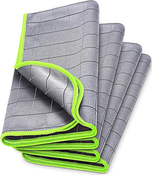 Airlab Carbon Microfiber Towels for Car Drying Window Glass Cleaner Magic Cleaning Cloth Auto Detailing Car Wipes Lint Free Rags Large Towel Interior Detailer, Pack of 4, 20" x 16", Grey-Green