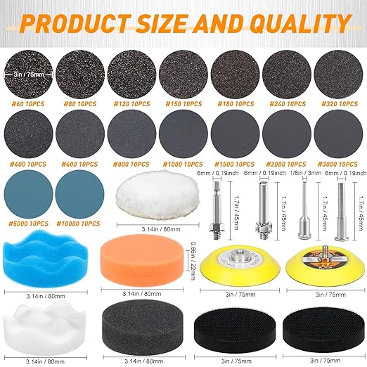 174 PCS 3 Inch Wet Dry Sanding Discs Grit 60 80 120 150 180 240 320 400 600 800 1000 1500 2000 3000 5000 10000 Hook and Loop for Drill Sanding Attachment