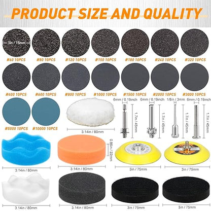 174 PCS 3 Inch Wet Dry Sanding Discs Grit 60 80 120 150 180 240 320 400 600 800 1000 1500 2000 3000 5000 10000 Hook and Loop for Drill Sanding Attachment