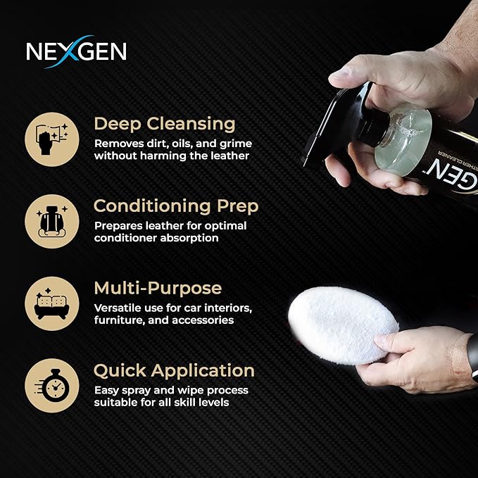 Nexgen Car Leather Cleaner - Quick Spray Car Interior Cleaner and Leather Restorer - Gentle Liquid Formula, Multi-purpose Leather Cleaner For Car, Couch, Boots, Purses, and More (16 Oz)