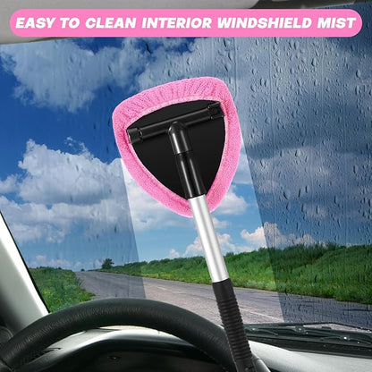 Baderke 10 Pcs Windshield Cleaner Tool Car Window Cleaning Supplies with Extendable Handle Include 6 Washable Microfiber Bonnets 2 Empty 60ml Spray Bottle Glass Wiper Kit(Pink)