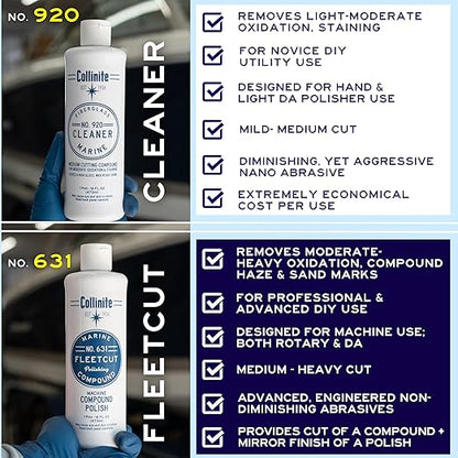 Collinite 631 Fleetcut- Marine/RV Compound + Polish. for Rotary & DA Use. Quickly Removes Heavy Oxidation/Hard Water Spots from Gelcoat/Fiberglass & Restores Color/Gloss in One Step. (16 fl oz)