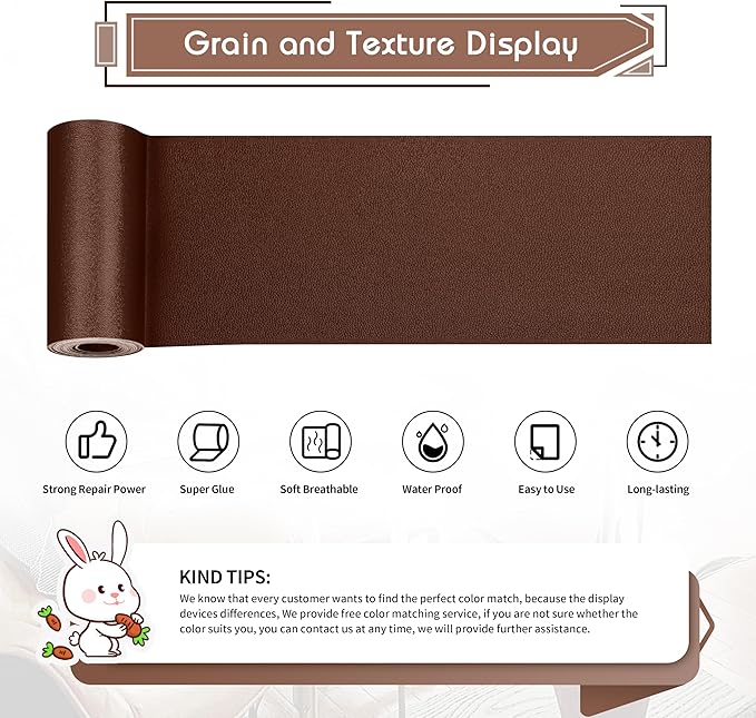 KING MOUNTAIN Leather Repair Patch,4 x 63 Inches self Adhesive Leather Repair Tape for Damaged Leather Furniture, Sofa Seating,Car Seats, Leather Goods（New Brown）