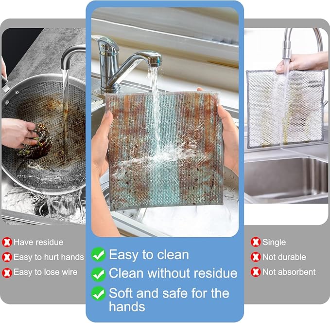 TIVERAIN 10pcs New Upgrade 2-Layer Microfiber Wire Dishcloth,Non-Scratch Wire Dishwashing Rags for Wet and Dry,Metal Scrubbers, Kitchen Miracle Cleaning Dish Rags for Cookware,Sinks, Dishes,Stove,Blue