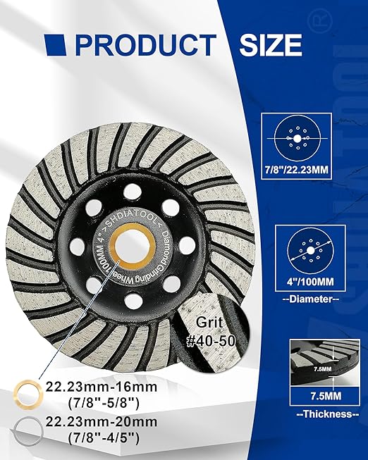 SHDIATOOL 4 Inch Turbo Row Diamond Grinding Cup Wheel for Concrete Granite Marble Masonry Brick Fits 7/8 Inch or 5/8 Inch Arbor
