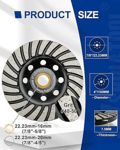 SHDIATOOL 4 Inch Turbo Row Diamond Grinding Cup Wheel for Concrete Granite Marble Masonry Brick Fits 7/8 Inch or 5/8 Inch Arbor