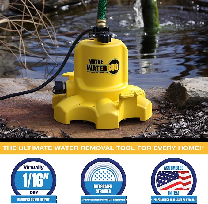 WAYNE - WaterBUG 1/6 HP 1350 GPH Submersible Pump with Multi-Flo Technology - Water Removal and Transfer Pump, Yellow