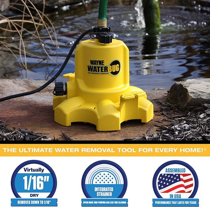 WAYNE - WaterBUG 1/6 HP 1350 GPH Submersible Pump with Multi-Flo Technology - Water Removal and Transfer Pump, Yellow