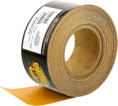 Dura-Gold Premium Gold 400 Grit PSA Longboard Sandpaper, 20 Yard Roll, 2-3/4" Wide, Self Adhesive Stickyback, Woodworking & Automotive Sandpaper Roll, Air File Sand Paper, Auto Sanding Blocks