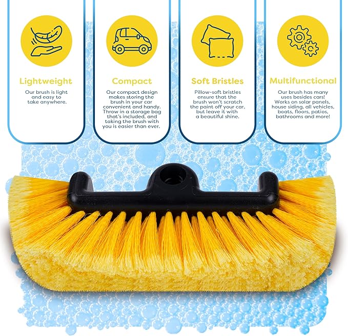 SCRUBIT 12" Car Wash Brush with Soft Bristles for Car Truck Boat Deck & House Cleaning, Exterior Washing Brush Connects with Pole & Hose Storage Bag Included (Yellow)