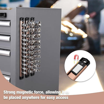 WORKPRO Magnetic Socket Organizer, 1/4-Inch Drive Aluminum Alloy Socket Rail, Heavy Duty Socket Holder, Socket Rack Kit 1/4-Inch x 12 Clips Champagne (Socket not Included)