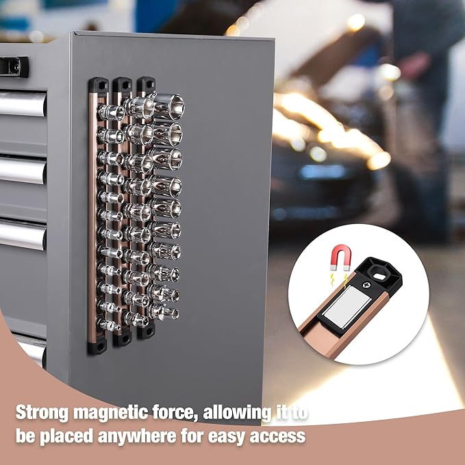WORKPRO Magnetic Socket Organizer, 3/8-Inch Drive Aluminum Alloy Socket Rail, Heavy Duty Socket Holder, Socket Rack Kit 3/8-Inch x 10 Clips Champagne (Socket not Included)