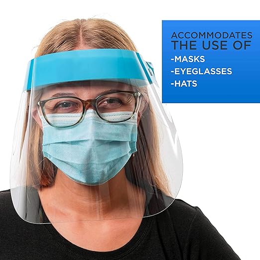 Salon World Safety 80 Face Shields (8 Packs of 10) - Ultra Clear Protective Full Face Shields to Protect Eyes, Nose and Mouth - Anti-Fog PET Plastic, Elastic Headband - Sanitary Droplet Splash Guard