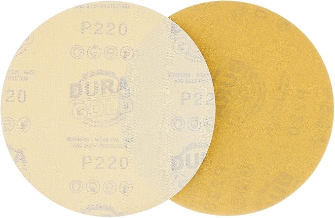 Dura-Gold Premium 220 Grit 6" Gold Sandpaper Discs, No Hole Pattern Dustless, Box of 50, Hook & Loop Backing for DA Sander, Finishing Coarse Sanding Abrasive Automotive Paint, Woodworking Wood, Metal