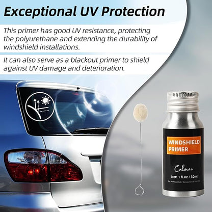 Calvana 1 fl.oz Windshield Primer, Urethane Primer for Automotive, Promotes Adhesion of Polyurethane Sealants, UV Resistant, Fast Drying, with 1 Pair Gloves, 2 Applicator Sticks, Black