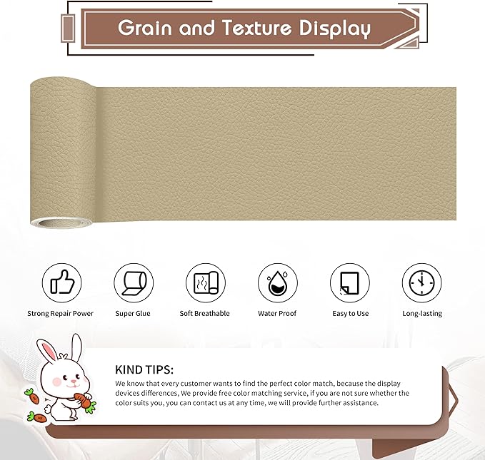 KING MOUNTAIN Leather Repair Patch,4 x 63 Inches self Adhesive Leather Repair Tape for Damaged Leather Furniture, Sofa Seating,Car Seats, Leather Goods（Medium Beige）